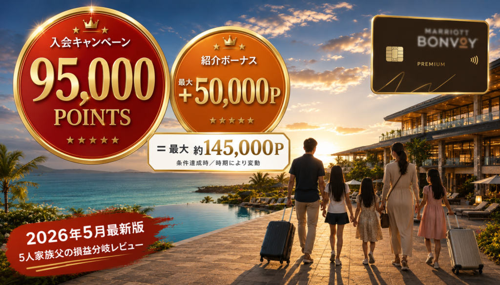 【2026年5月最新】マリオットボンヴォイアメックス・プレミアムカード入会95,000P+紹介50,000P|5人家族父の損益分岐レビュー