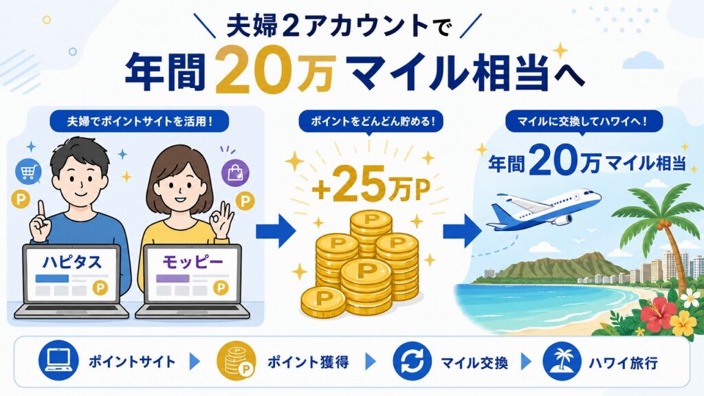 ハピタス&モッピーの2口座を夫婦で並列運用し年間ANAマイル20万相当に到達する家族ポイ活のイメージ図