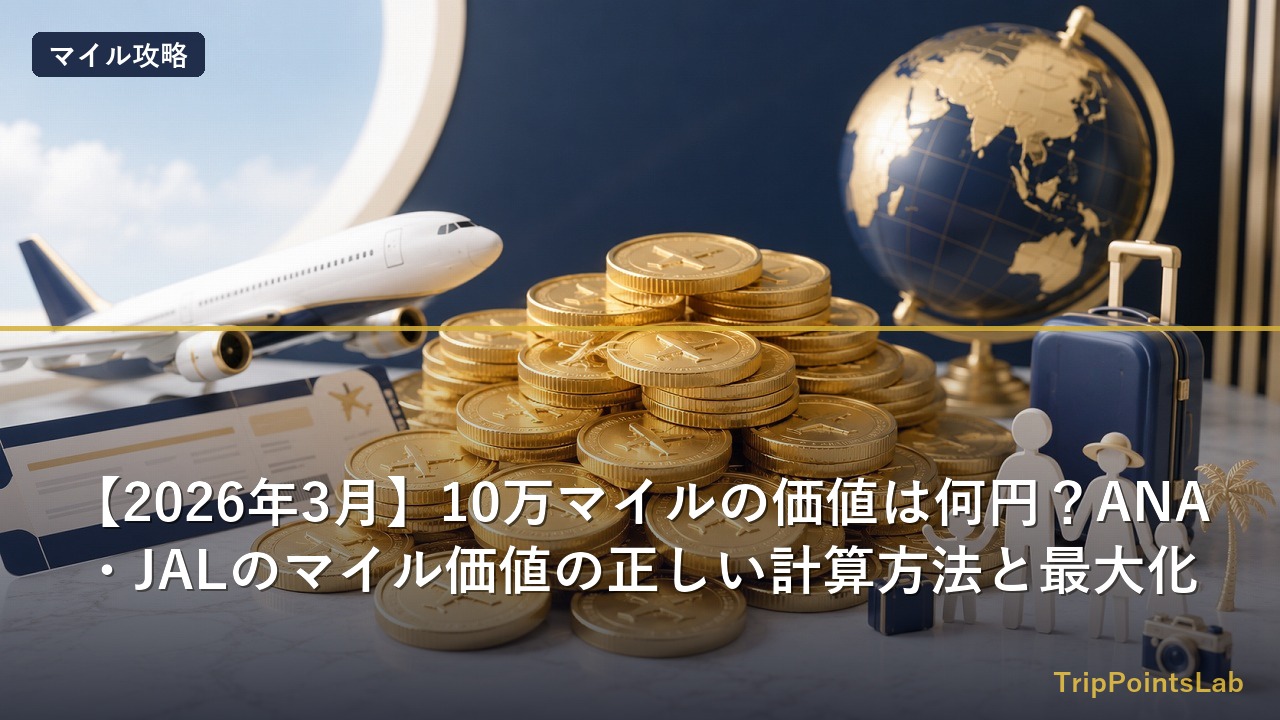 10万マイルの価値を表すゴールドコインと旅行のイメージ