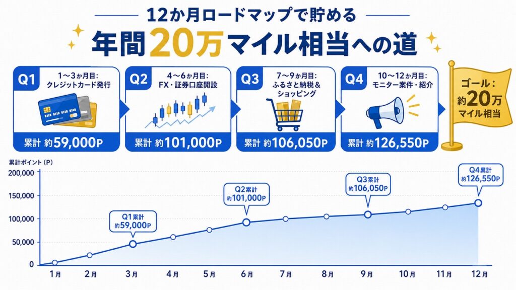 ハピタス&モッピーで年間20万マイル相当を達成する12か月ロードマップ・1〜3か月クレカ/4〜6か月FX証券/7〜9か月ふるさと納税/10〜12か月モニター紹介
