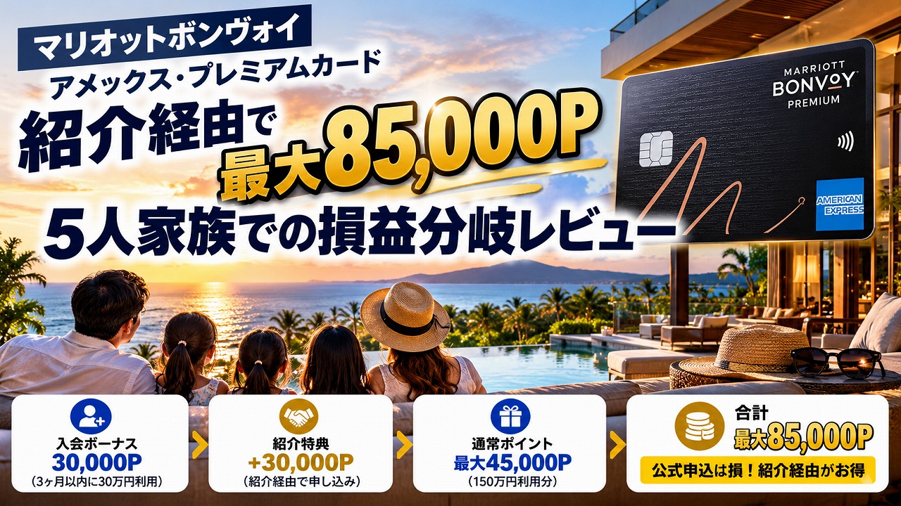 マリオットボンヴォイアメックス・プレミアムカード 紹介経由で最大85,000P｜5人家族父の損益分岐レビュー
