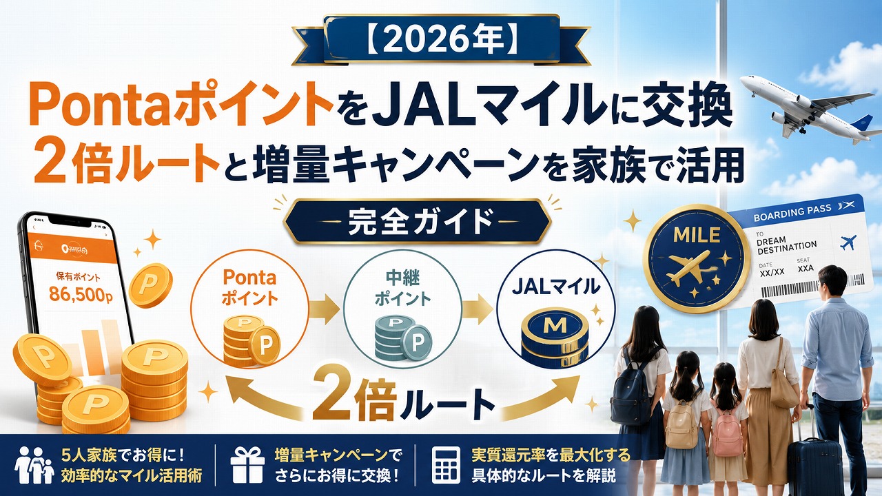 【2026年】PontaポイントをJALマイルに交換する完全ガイド｜2倍ルートと増量キャンペーンを家族で活用する