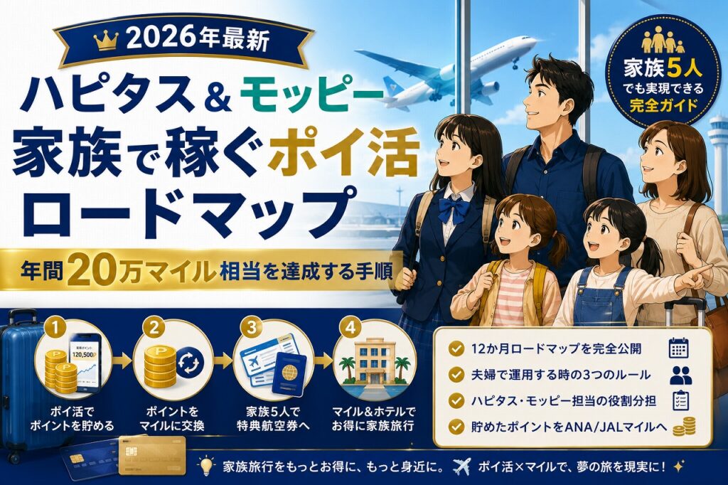 ハピタスとモッピーを夫婦で運用しANAマイル20万相当を貯めて家族でハワイ旅行を実現する家族ポイ活ロードマップのキービジュアル