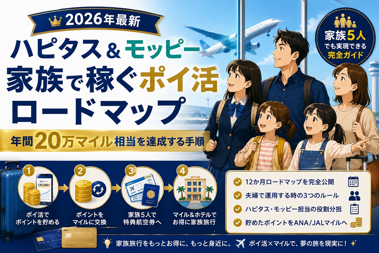 ハピタスとモッピーを夫婦で運用しANAマイル20万相当を貯めて家族でハワイ旅行を実現する家族ポイ活ロードマップのキービジュアル