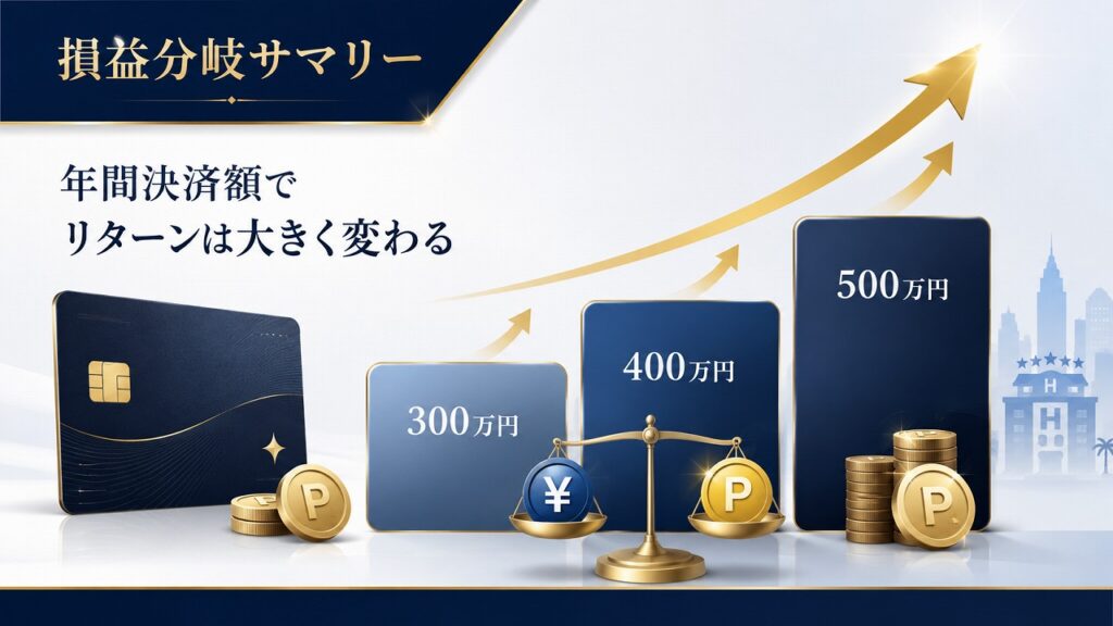 結論から言うと、マリオットアメックスプレミアムの損益分岐は、年間カード決済額をどこまで詰めるかでリターンが劇的に変わります。