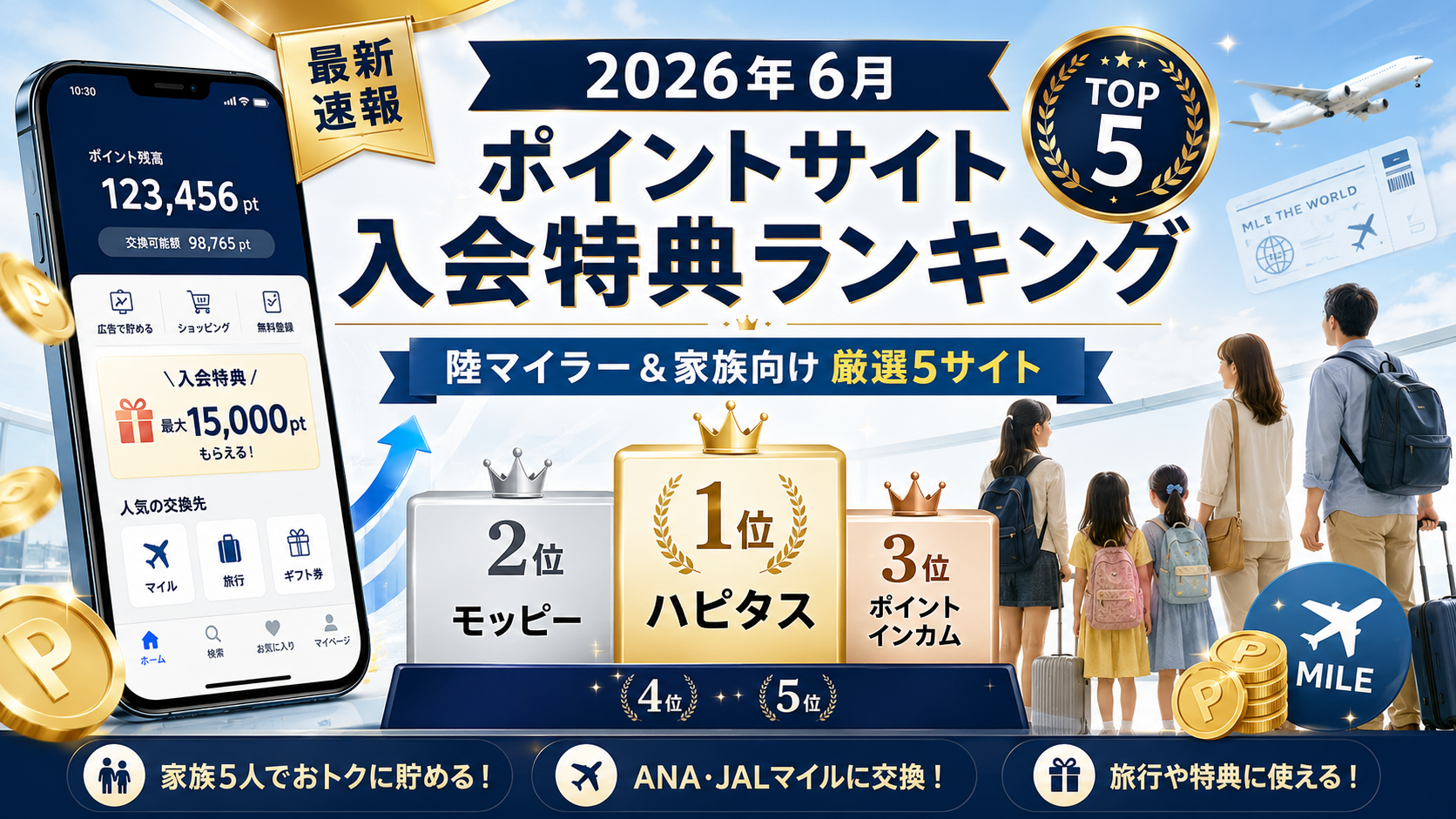 【2026年6月】ポイントサイト入会特典ランキング速報｜陸マイラー＆家族で稼ぐ人向け厳選5サイト
