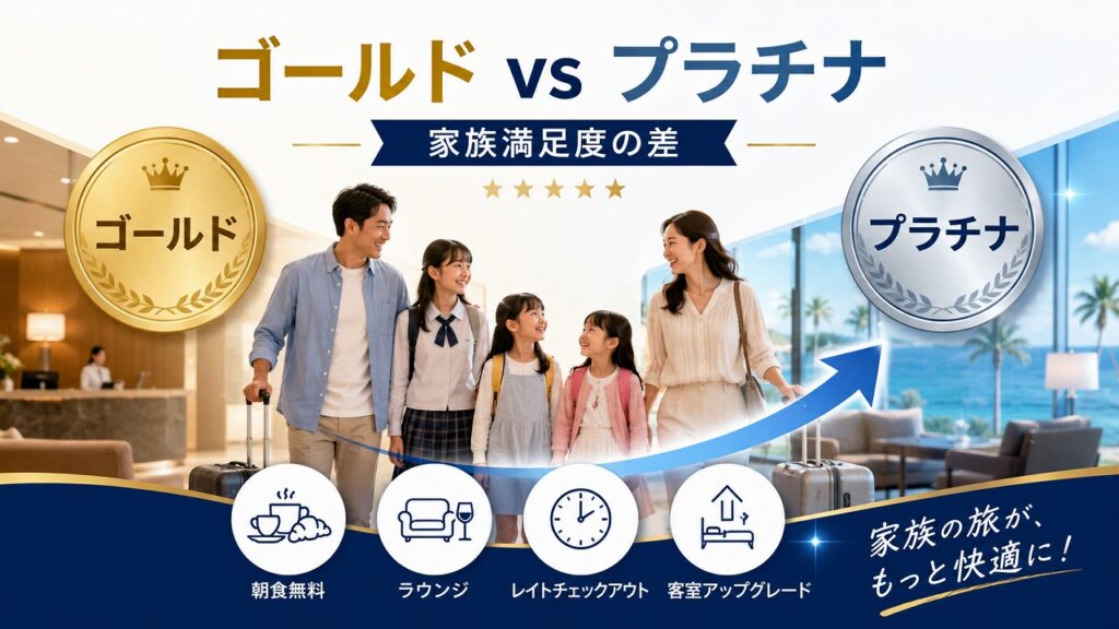 宿泊で貯まるポイントの上乗せは、出張で年に何十泊もする人には大きいですが、家族旅行ペース（年5〜15泊）だと差額は限定的。