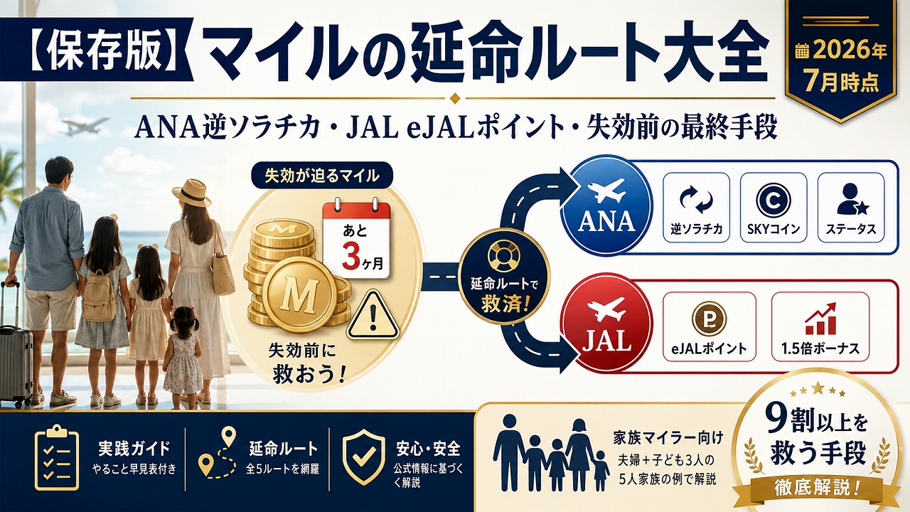 【保存版】マイルの延命ルート大全｜ANA逆ソラチカ・JAL eJALポイント・失効前の最終手段を家族マイラー向けに解説【2026年7月時点】