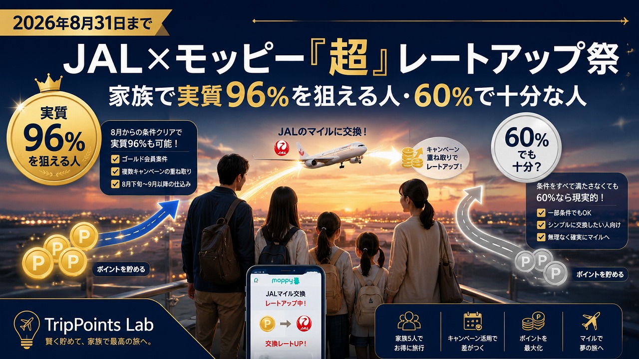 【2026年8月31日まで】JAL×モッピー「超」レートアップ祭｜家族で実質96%を狙える人・60%で十分な人