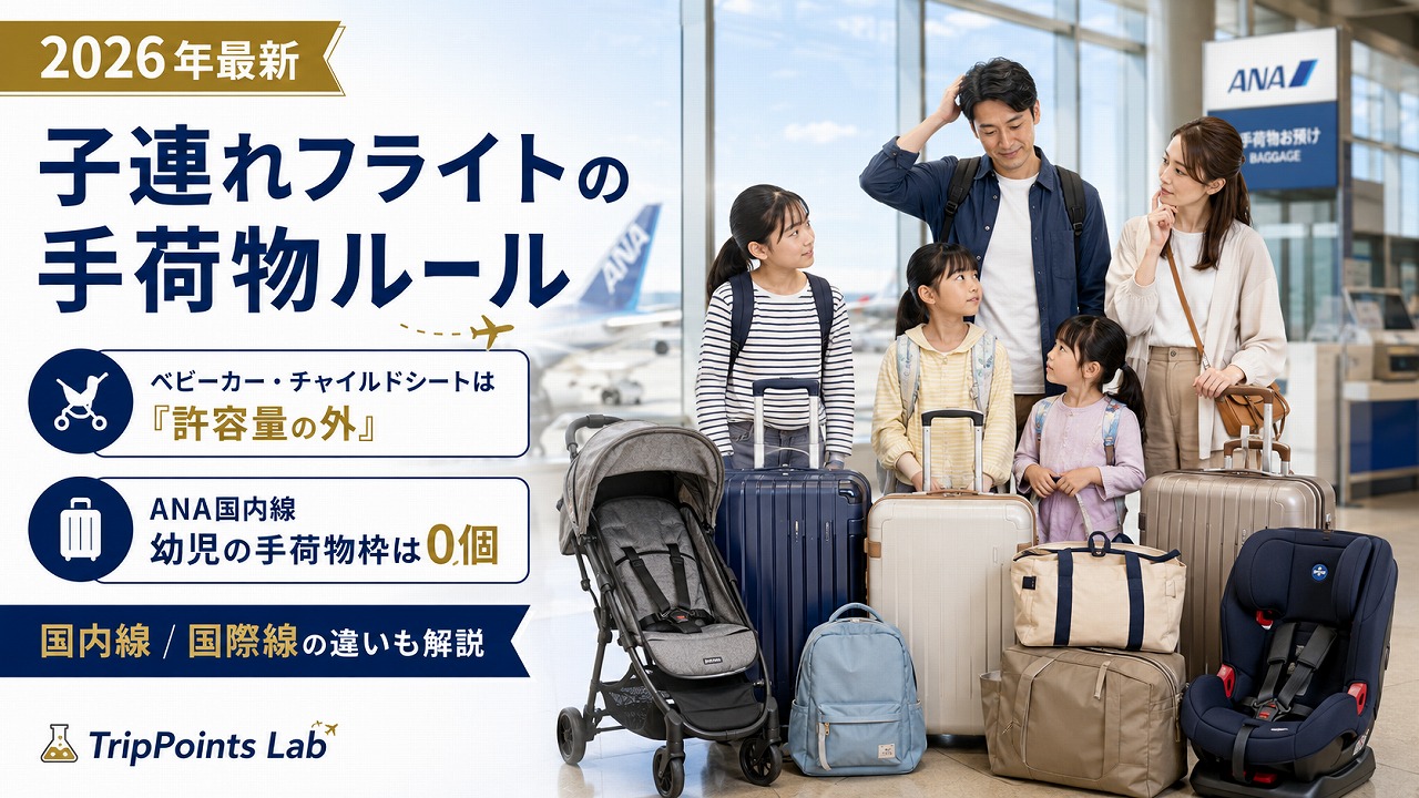 【2026年最新】子連れフライトの手荷物ルール完全ガイド｜ベビーカー・チャイルドシートは「許容量の外」／ANA国内線は幼児の枠がゼロ