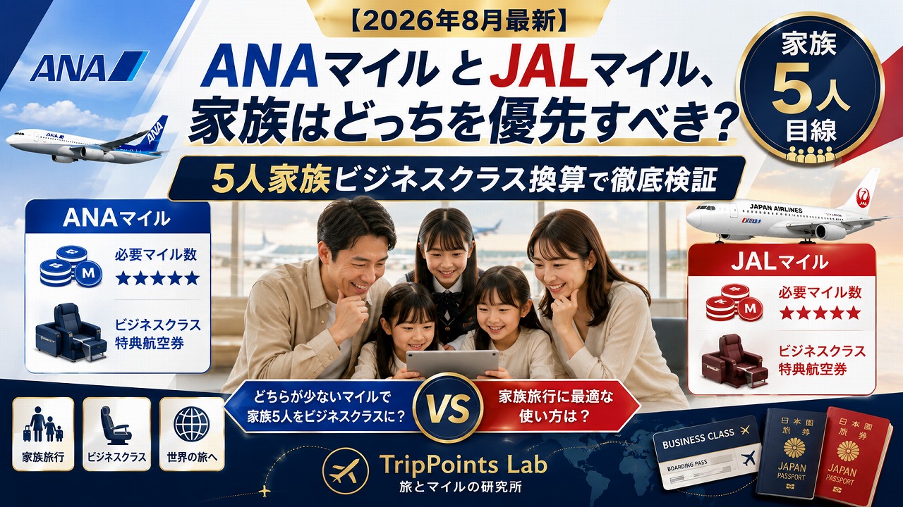 【2026年8月最新】ANAマイルとJALマイル、家族はどっちを優先すべき？5人家族ビジネスクラス換算で徹底検証