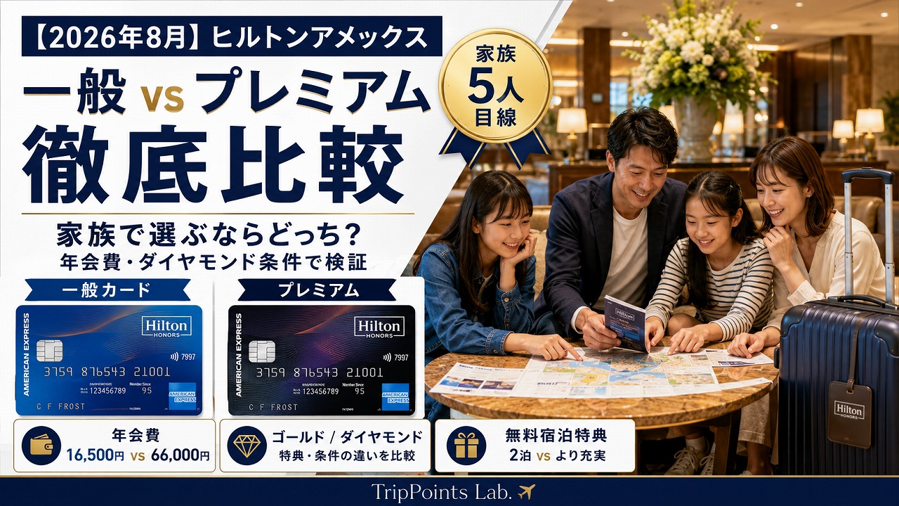 【2026年8月】ヒルトンアメックス 一般 vs プレミアム 徹底比較｜家族で選ぶならどっち？年会費・ダイヤモンド条件で検証