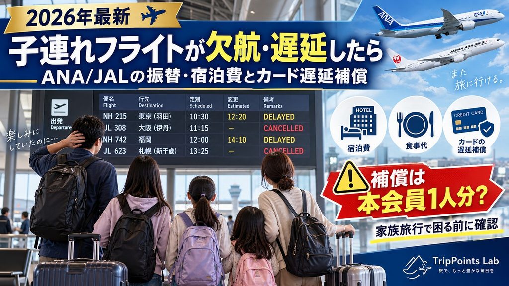 【2026年最新】子連れフライトが欠航・遅延したら｜ANA/JALの振替・宿泊費とカード遅延補償が「本会員1人分」で止まる落とし穴