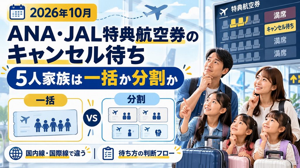【2026年10月】ANA・JAL特典航空券のキャンセル待ち｜5人家族は一括か分割か