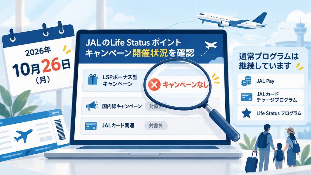 2026年10月26日時点でJALのLSPボーナス型キャンペーンは開催なしと確認するイメージ。JAL Pay・JALカードチャージプログラム・Life Statusプログラムは継続