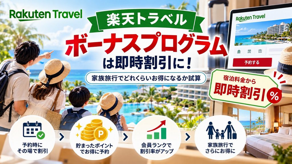 【2026年】楽天トラベル「ボーナスプログラム」は即時割引に|家族旅行で試算