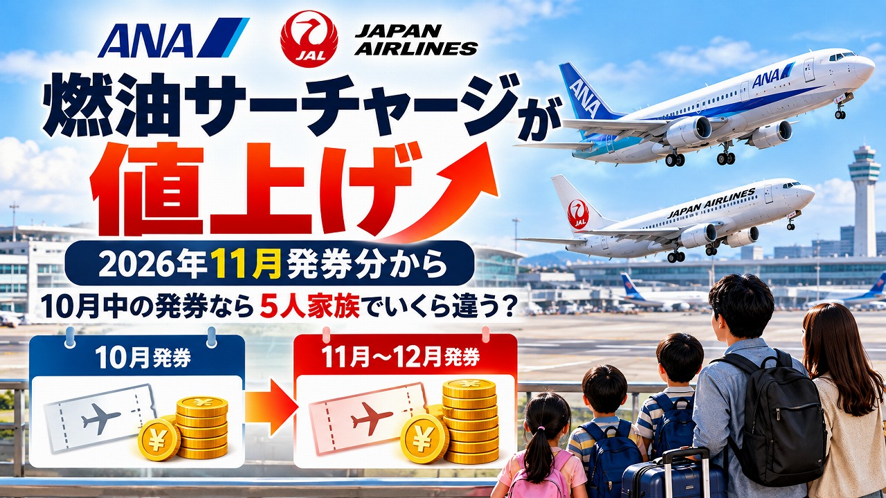 【2026年10月24日時点】ANA・JAL燃油サーチャージが2026年11月発券分から値上げ｜10月中の発券なら5人家族でいくら違う？