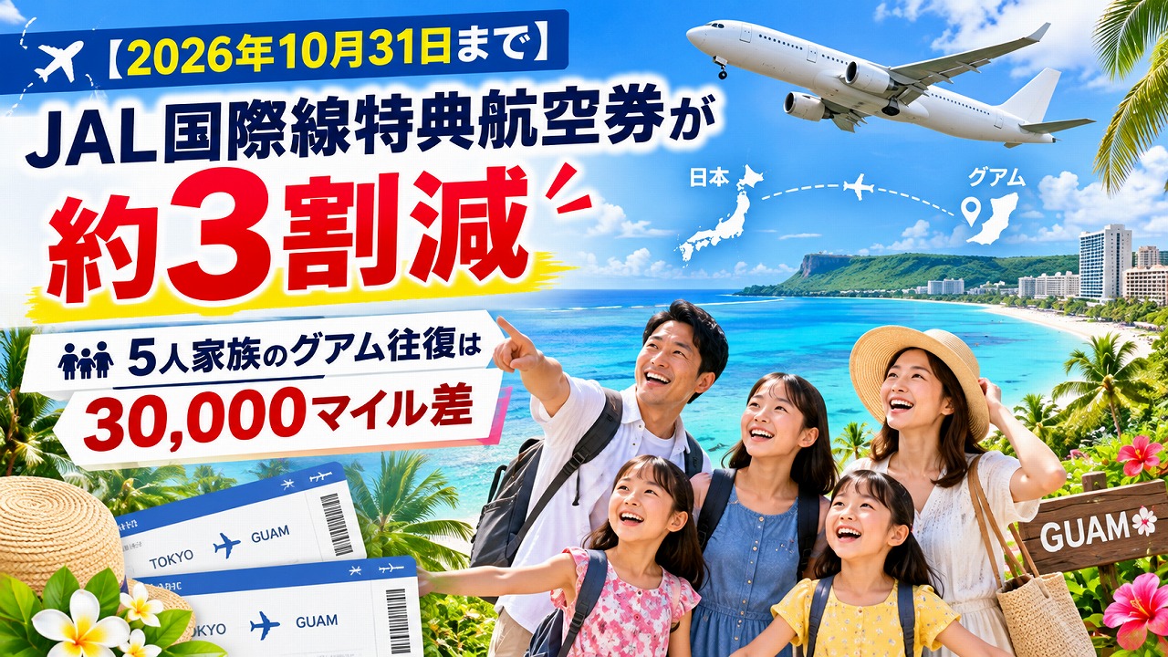【2026年10月31日まで】JAL国際線特典航空券が約3割減｜5人家族のグアム往復は30,000マイル差