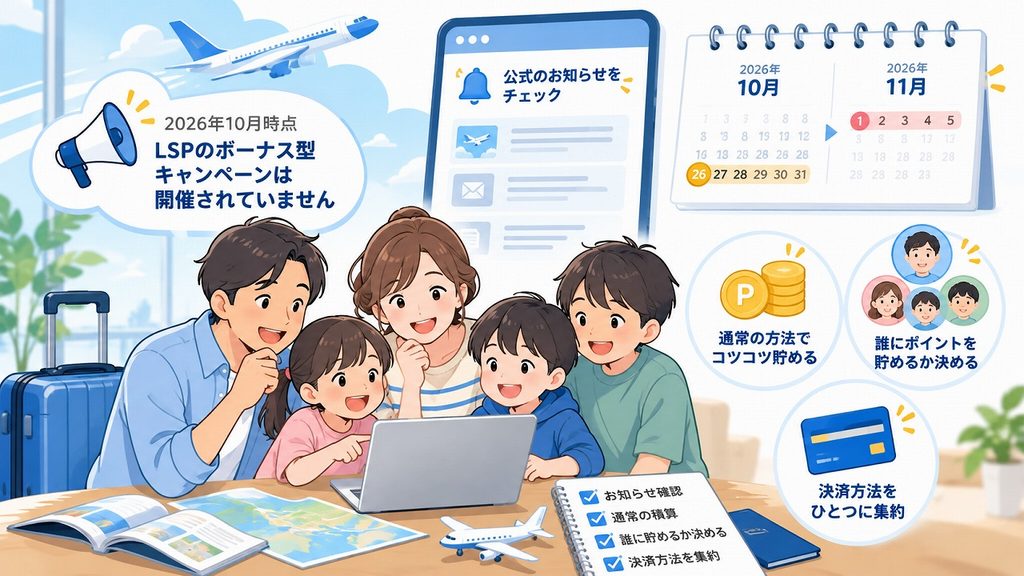 家族で公式のお知らせを確認し、通常の積算・ポイントを受け取る人・決済方法を決めて備える様子のイラスト