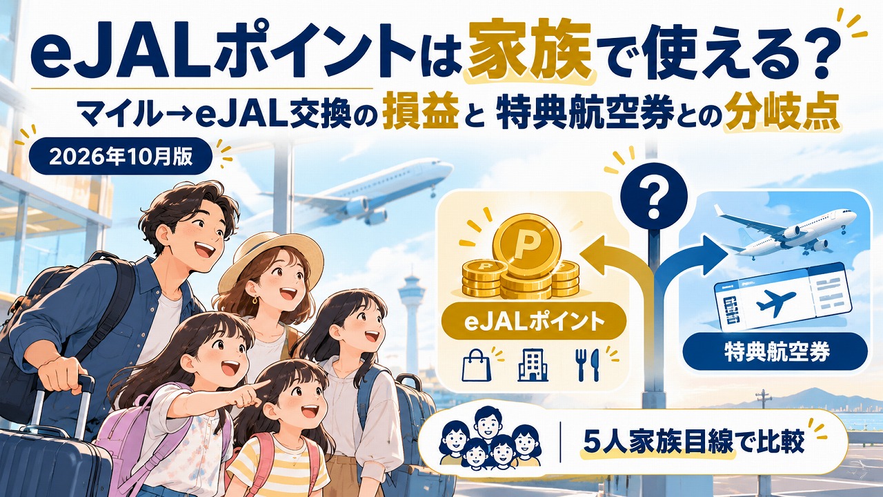 【2026年10月】eJALポイントは家族で使える？マイル→eJAL交換の損益と、特典航空券との分岐点