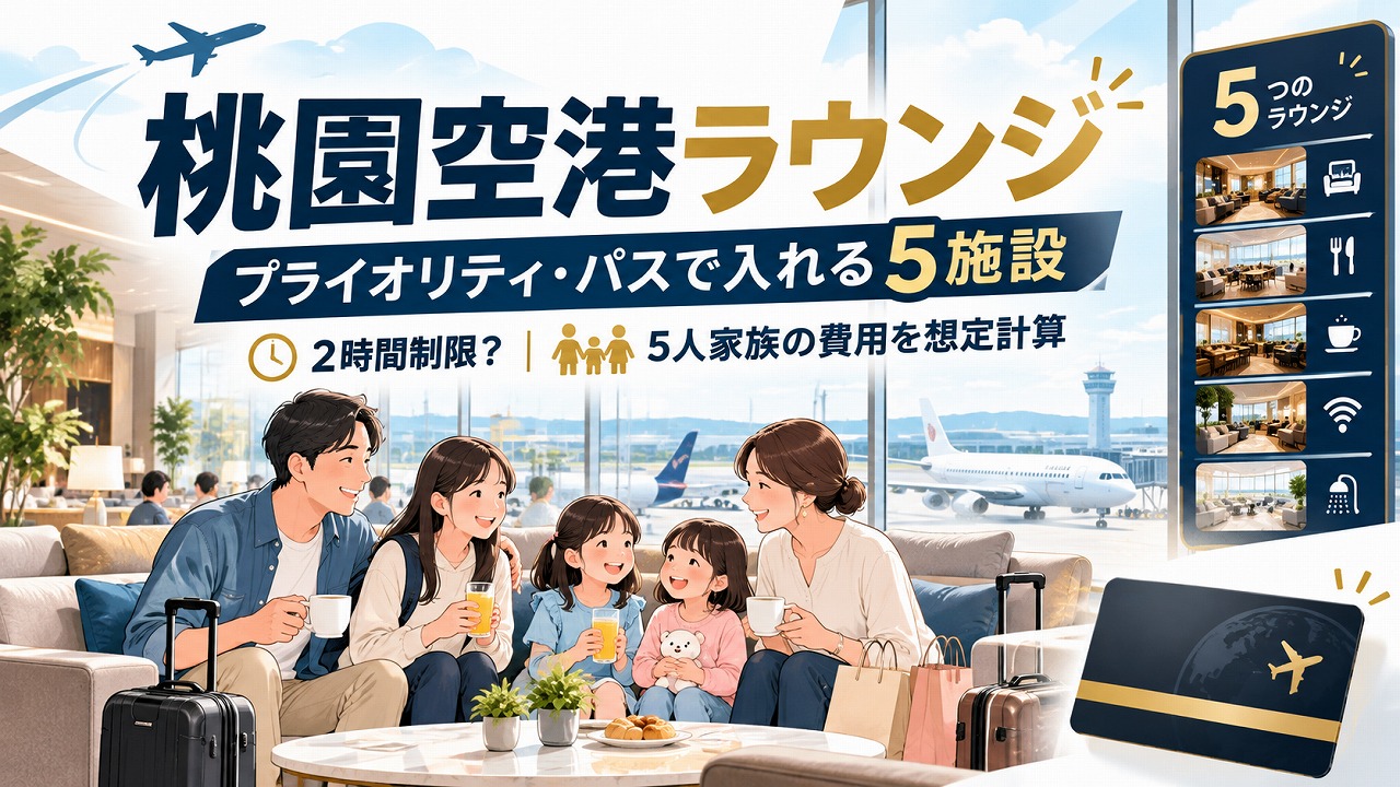 【2026年】桃園空港ラウンジ｜プライオリティ・パスで入れる5施設は2時間制限？5人家族の費用を想定モデルで計算