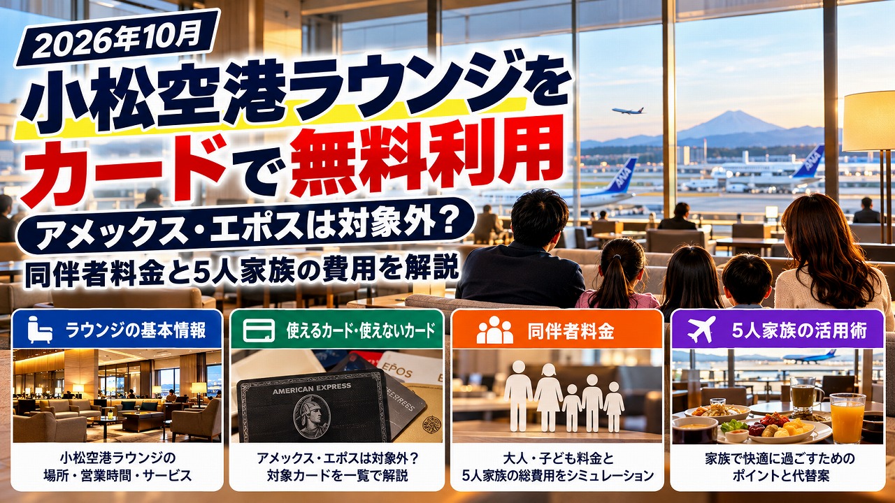 【2026年10月】小松空港ラウンジをカードで無料利用｜アメックス・エポスは対象外？同伴者料金と5人家族の費用