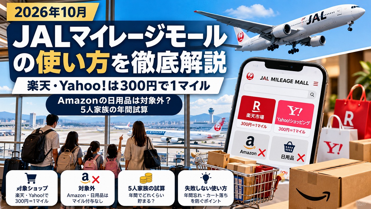 【2026年10月】JALマイレージモールの使い方｜楽天・Yahoo!は300円で1マイル、Amazonの日用品は対象外？5人家族の年間試算