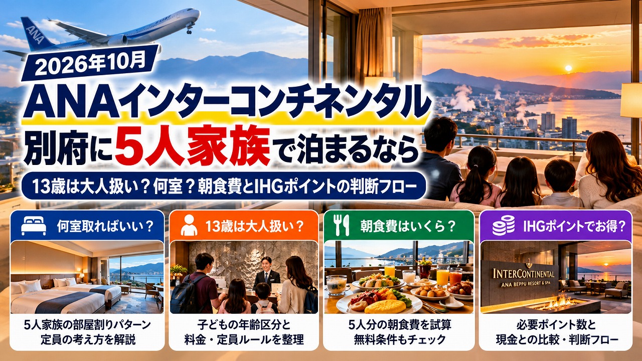 【2026年10月】ANAインターコンチネンタル別府に5人家族で泊まるなら｜13歳は大人扱い・何室・朝食費とIHGポイントの判断フロー
