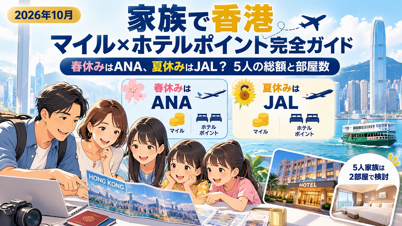【2026年10月】家族で香港｜マイル×ホテルポイント完全ガイド｜春休みはANA、夏休みはJAL？5人の総額と部屋数