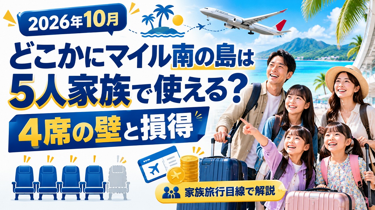 【2026年10月】どこかにマイル南の島は5人家族で使える？4席の壁と損得